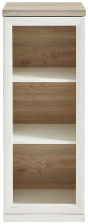 Frontale Ansicht eines schmalen Aktenregals mit drei offenen Fächern, Holzoptik in Weiß und Naturholz.