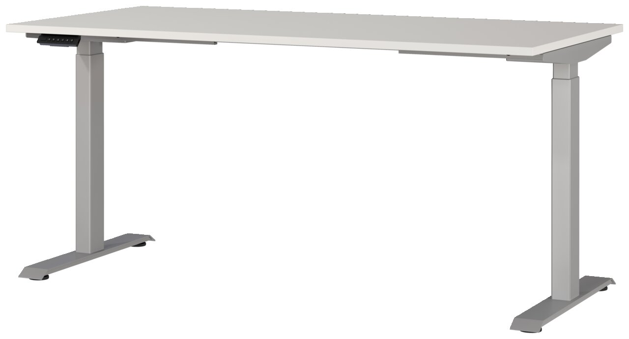 Moderner E-Schreibtisch 160x80 cm in seitlicher Perspektive mit höhenverstellbaren Beinen und schlichtem Design.