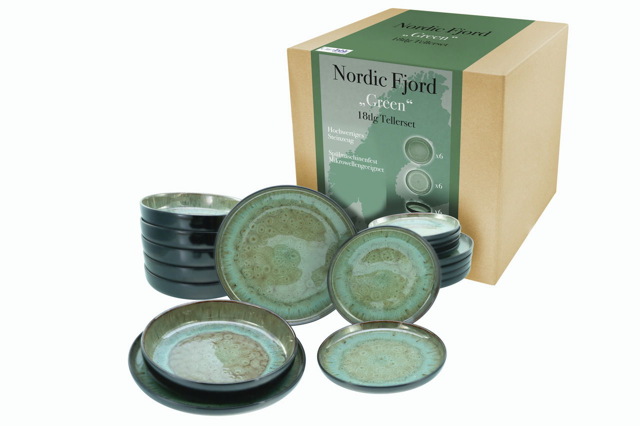 18-teiliges Tellerset 'Nordic Fjord Green' aus hochwertigem Steinzeug, spülmaschinen- und mikrowellengeeignet, in einer attraktiven Verpackung. Perspektive: leicht von oben.