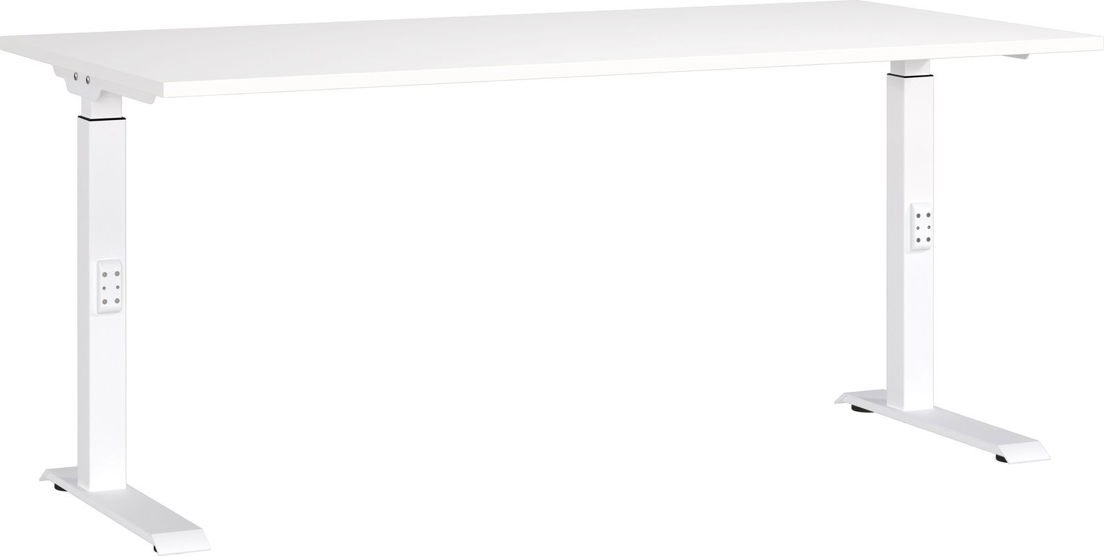 Höhenverstellbarer weißer Schreibtisch, seitliche Perspektive