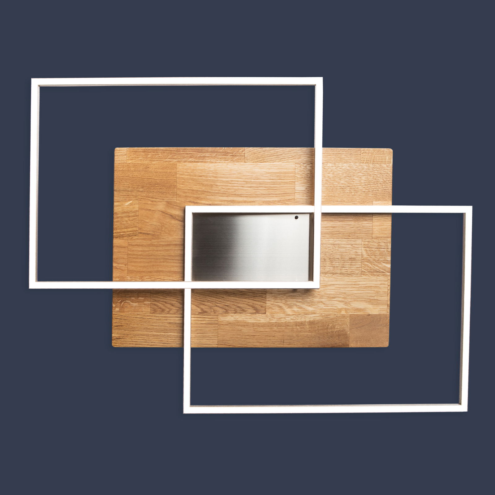 Moderne LED-Deckenleuchte mit zwei rechteckigen, weißen Rahmen und Holz- sowie Metallakzenten, aus der Vogelperspektive.