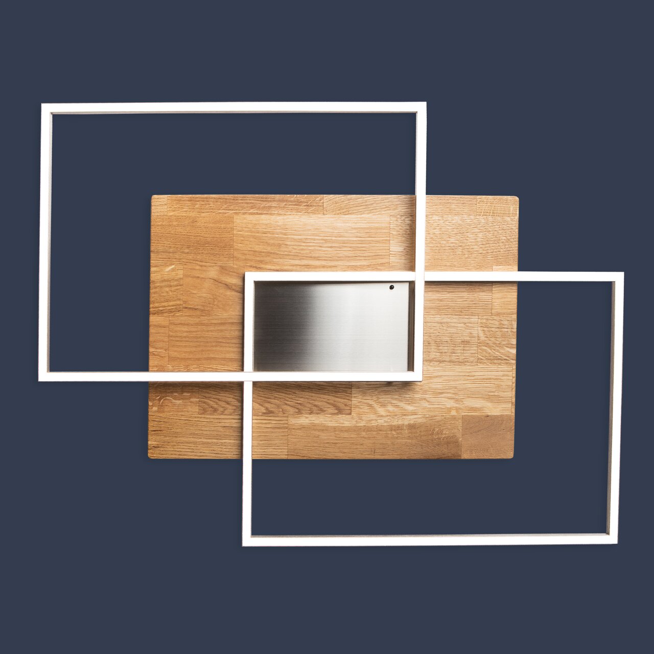 Moderne LED-Deckenleuchte mit zwei rechteckigen, weißen Rahmen und Holz- sowie Metallakzenten, aus der Vogelperspektive.