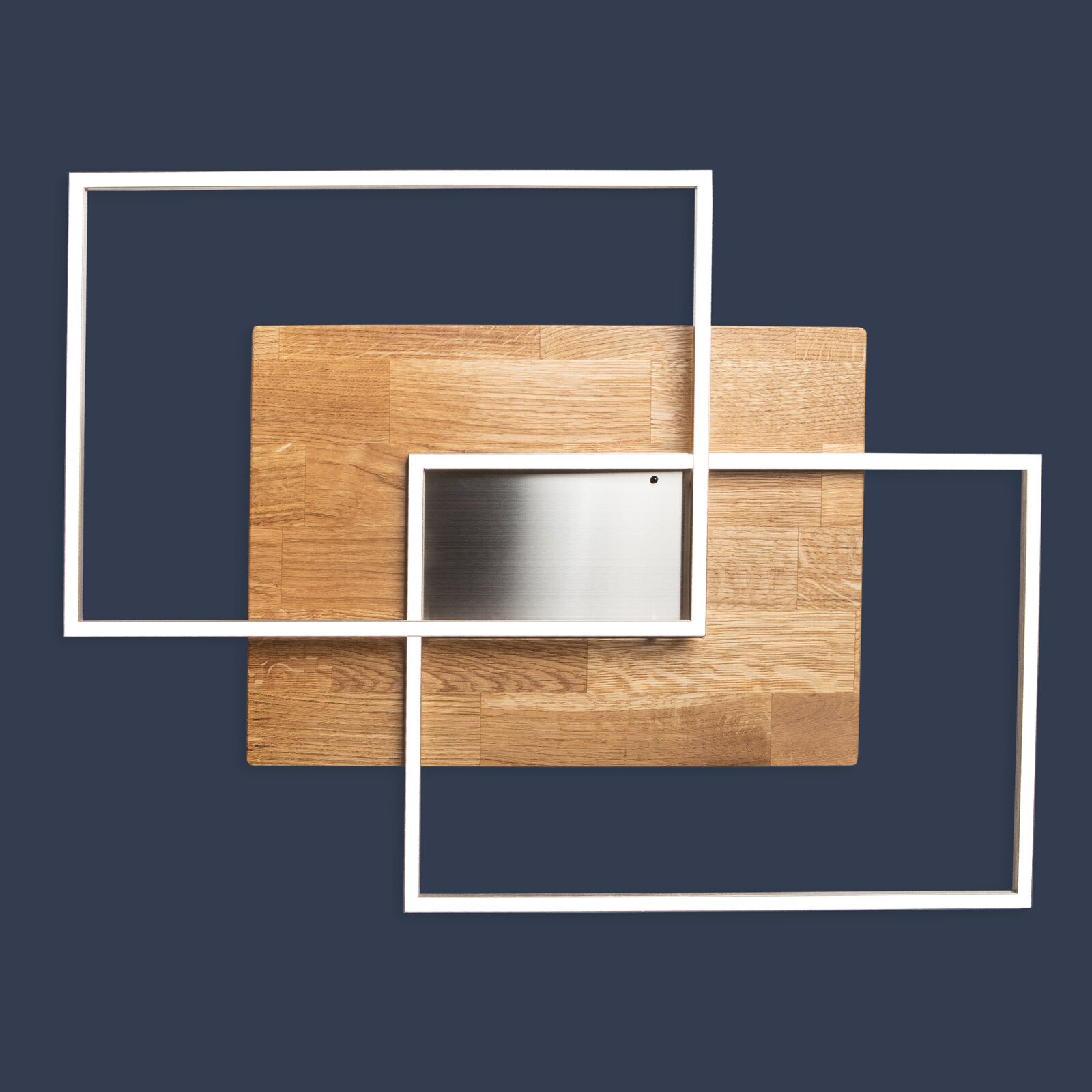 Moderne LED-Deckenleuchte mit zwei rechteckigen, weißen Rahmen und Holz- sowie Metallakzenten, aus der Vogelperspektive.