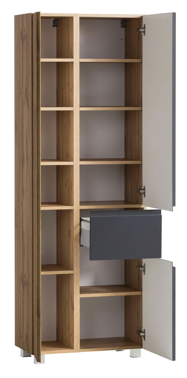 Hochschrank aus Holz mit offenen Türen, mehreren Regalfächern und einer Schublade, frontal betrachtet.