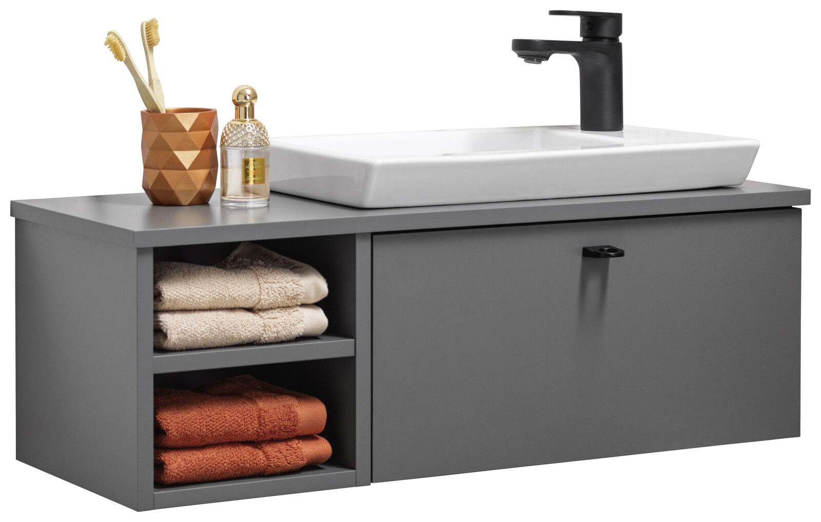 Stylife Waschtisch-Set NEILA Modernes Waschtisch-Set mit grauem Unterschrank, offenen Regalfächern mit Handtüchern und einem weißen Waschbecken mit schwarzer Armatur, seitliche Perspektive.
