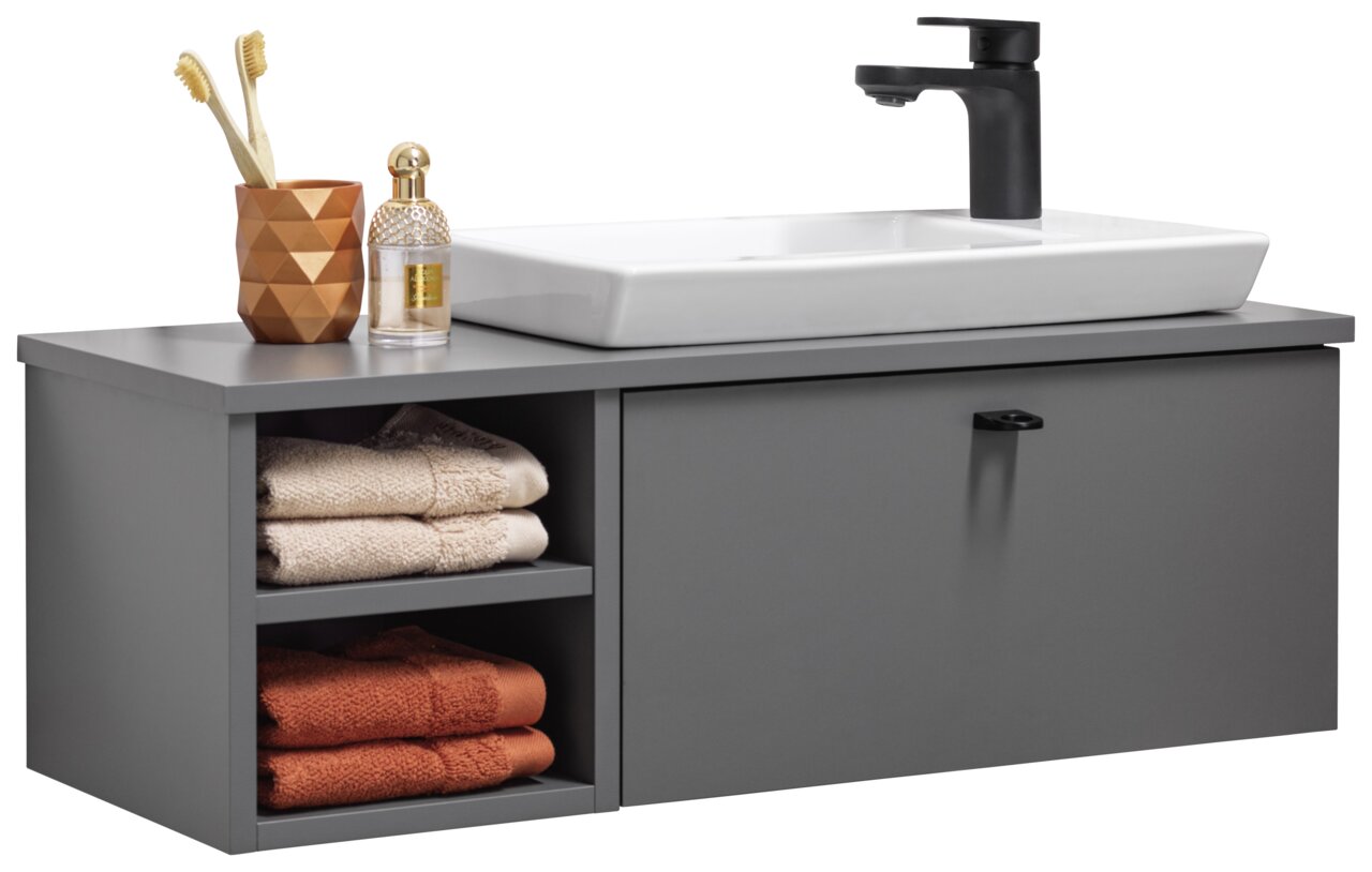 Stylife Waschtisch-Set NEILA Modernes Waschtisch-Set mit grauem Unterschrank, offenen Regalfächern mit Handtüchern und einem weißen Waschbecken mit schwarzer Armatur, seitliche Perspektive.