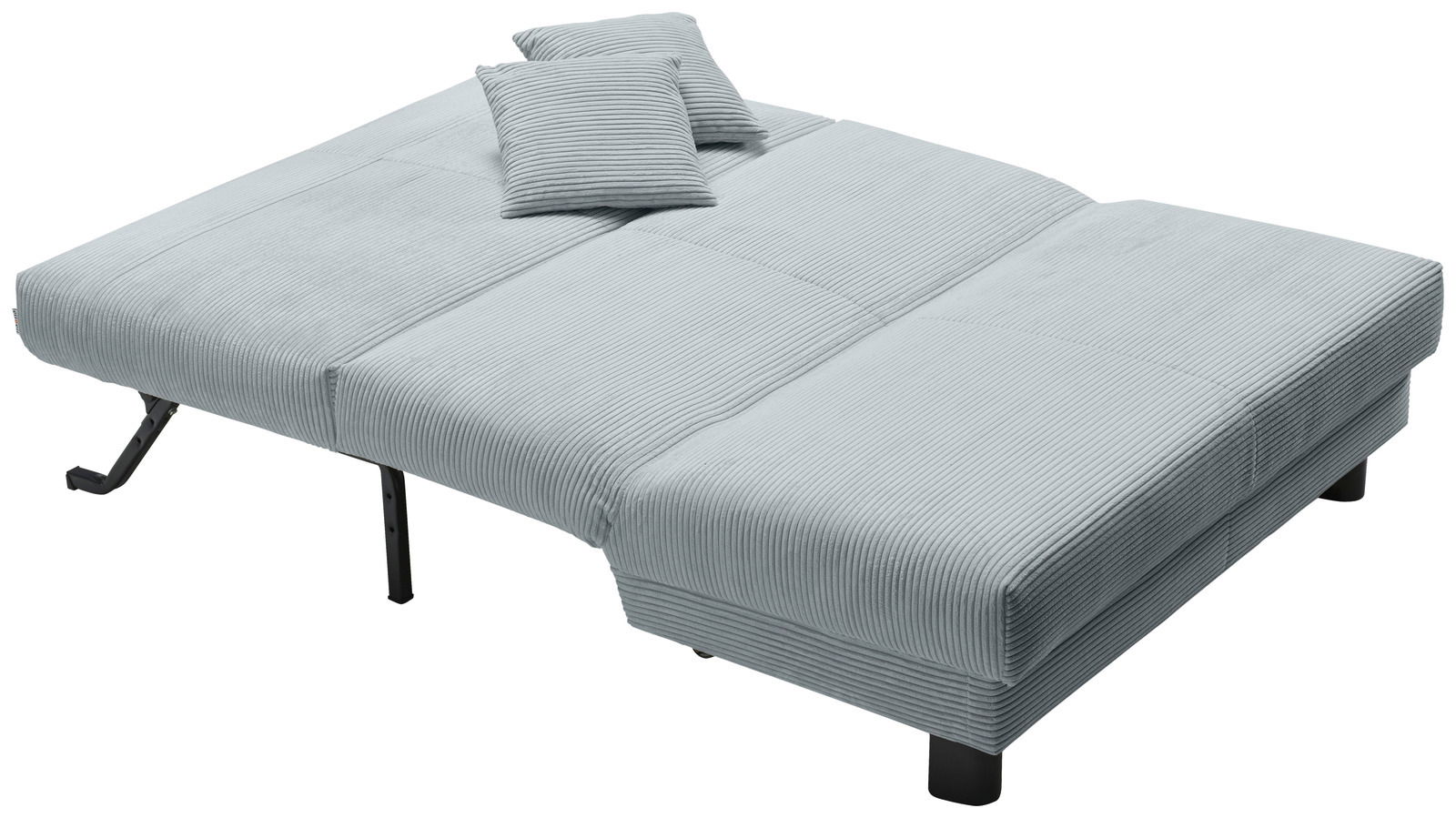 Graues Funktionssofa in Liegeposition mit zwei passenden Kissen, seitliche Perspektive
