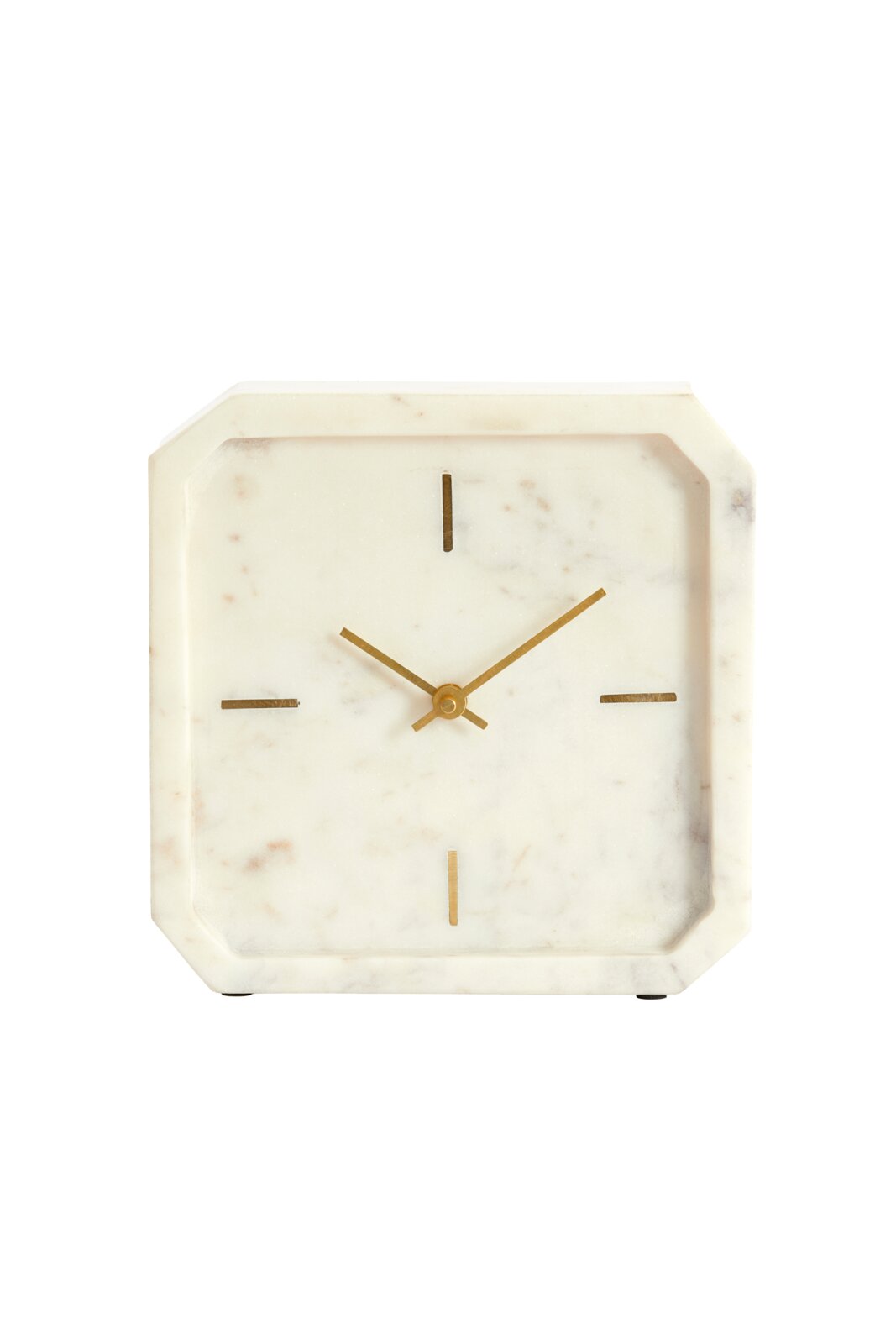 Vierkante marmeren klok met gouden wijzers en minimalistische markeringen, vooraanzicht