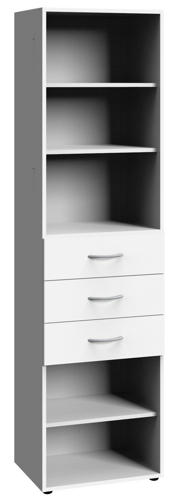 XORA Regal hoch MULTIRAUMKONZEPT Hohes Regal mit mehreren offenen Fächern und drei Schubladen, frontal betrachtet.