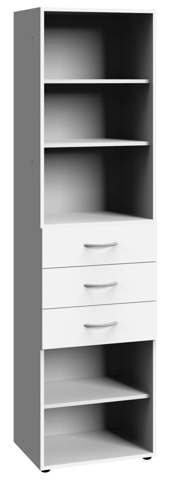 Hohes Regal mit mehreren offenen Fächern und drei Schubladen, frontal betrachtet.
