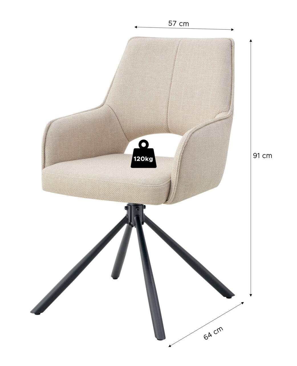 Beiger, gepolsterter Drehstuhl mit Armlehnen und schwarzem Metall-Spidergestell, Maße ca. 57 cm Breite, 91 cm Höhe, 64 cm Tiefe, belastbar bis 120 kg, freigestellt in schräger Frontansicht.