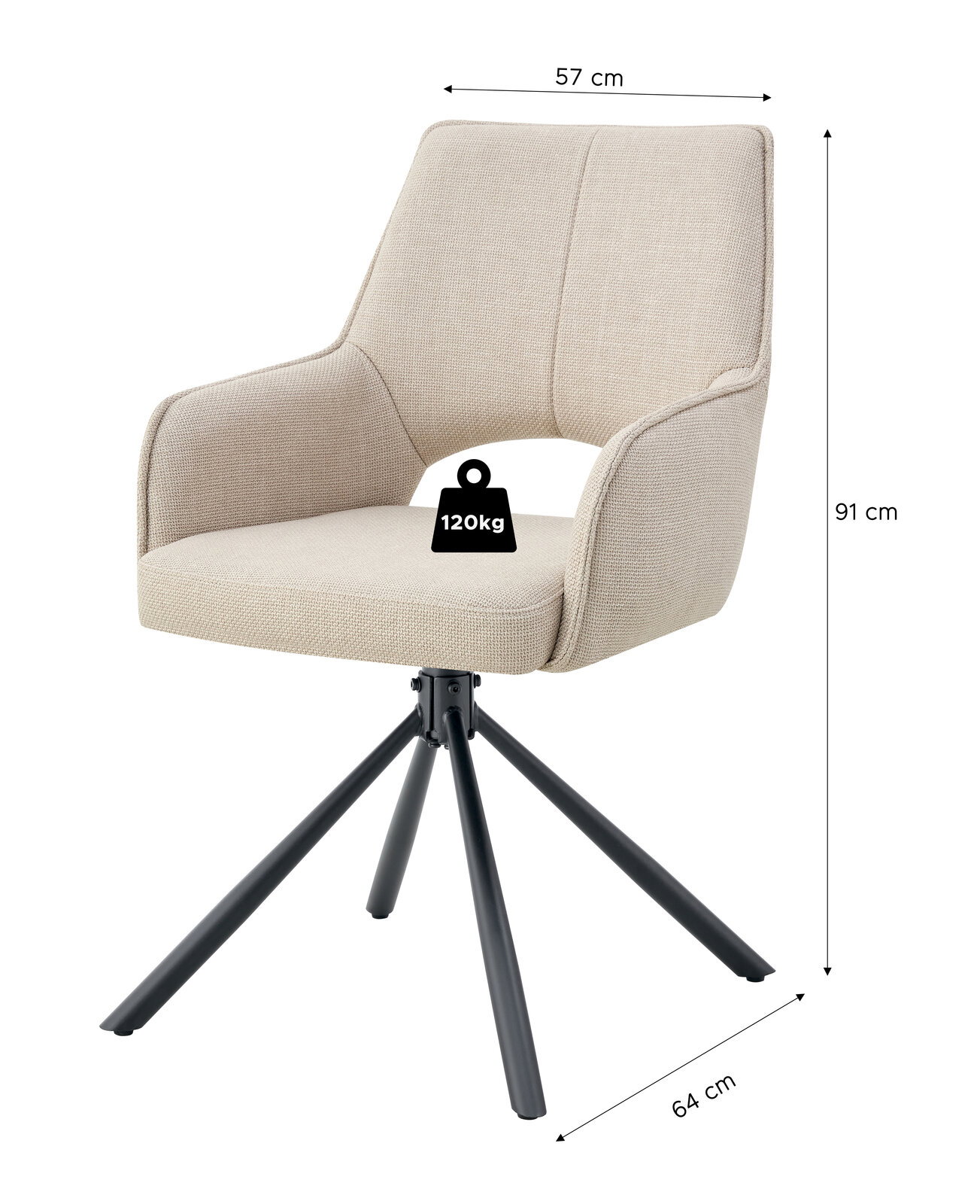 Beiger, gepolsterter Drehstuhl mit Armlehnen und schwarzem Metall-Spidergestell, Maße ca. 57 cm Breite, 91 cm Höhe, 64 cm Tiefe, belastbar bis 120 kg, freigestellt in schräger Frontansicht.