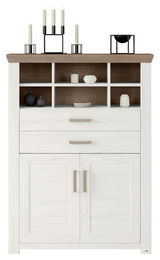 Weißes Highboard mit zwei Schubladen und zwei Türen, dekoriert mit Kerzenhaltern und Vasen, frontal betrachtet.