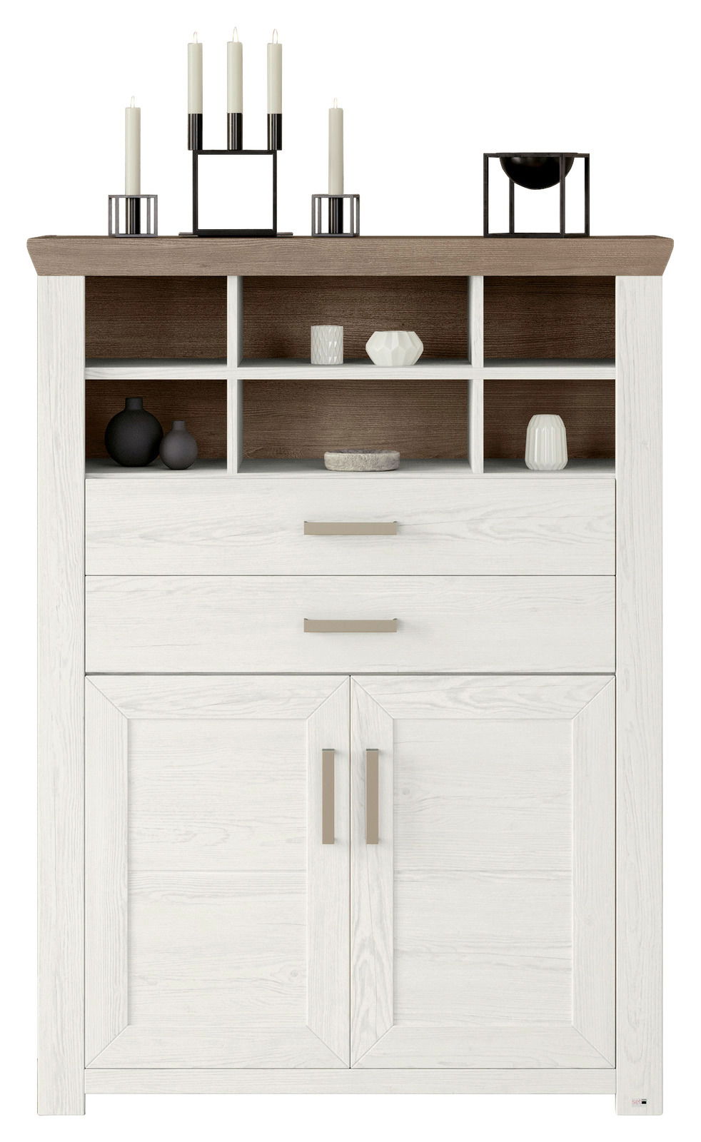 Weißes Highboard mit zwei Schubladen und zwei Türen, dekoriert mit Kerzenhaltern und Vasen, frontal betrachtet.