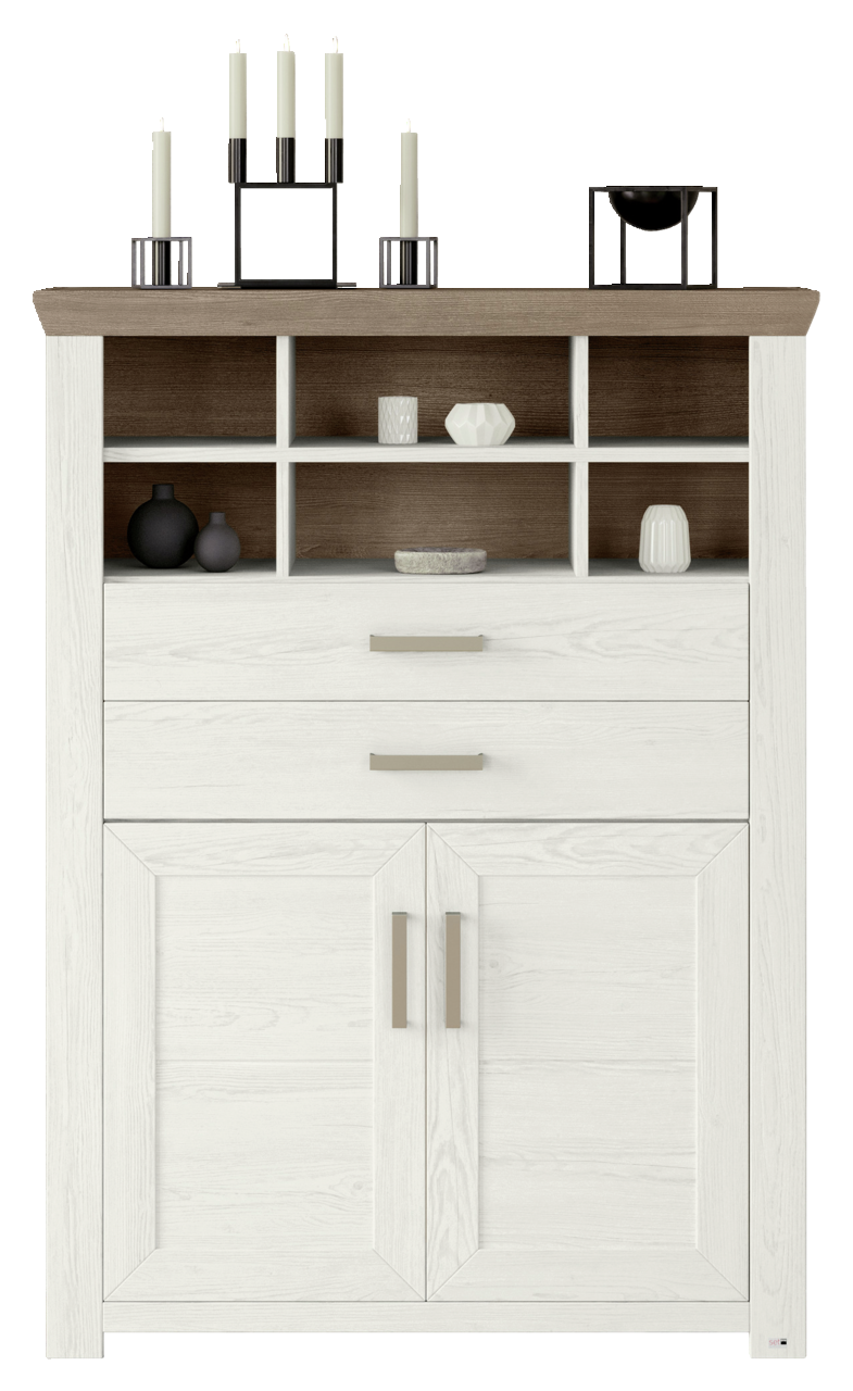 Weißes Highboard mit zwei Schubladen und zwei Türen, dekoriert mit Kerzenhaltern und Vasen, frontal betrachtet.
