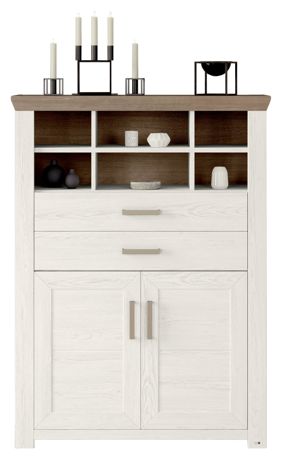 Weißes Highboard mit zwei Schubladen und zwei Türen, dekoriert mit Kerzenhaltern und Vasen, frontal betrachtet.