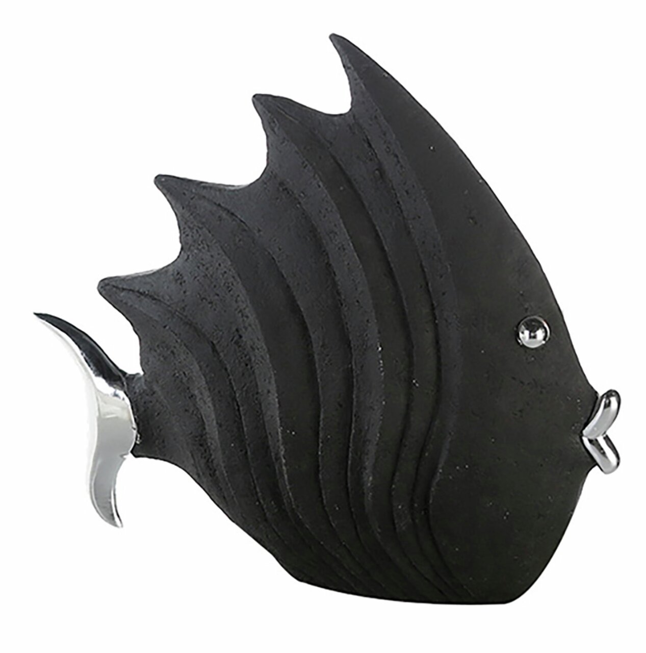Schwarze Fischfigur aus Polyresin mit silbernen Akzenten, seitliche Perspektive