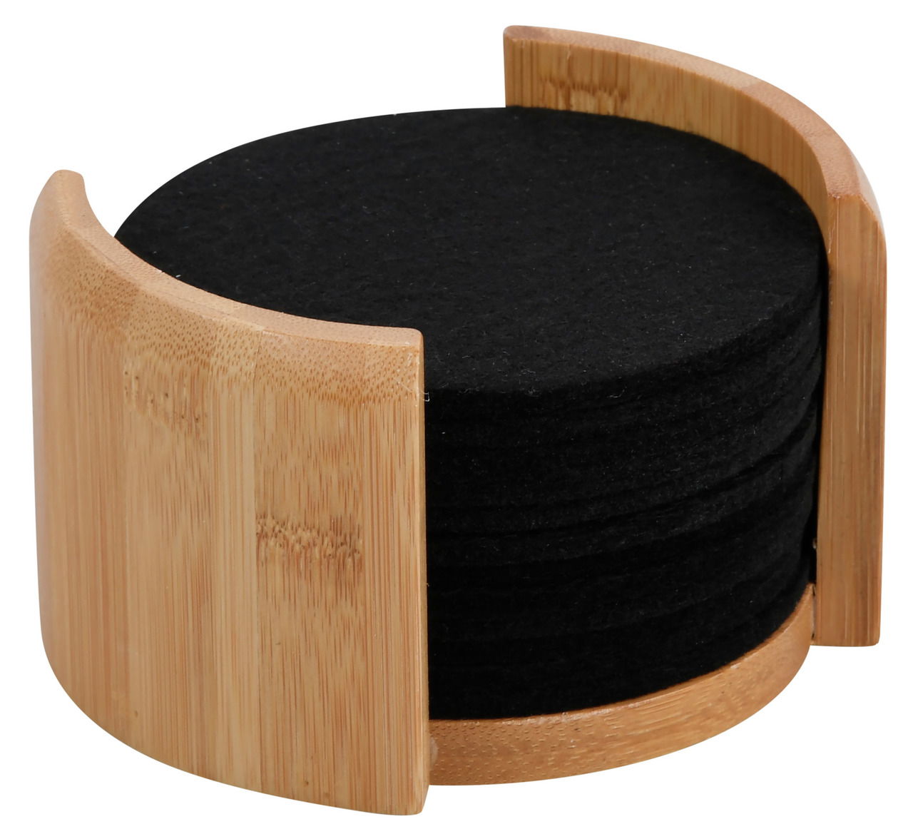 Runde Filzuntersetzer in einem Bambushalter, seitliche Perspektive