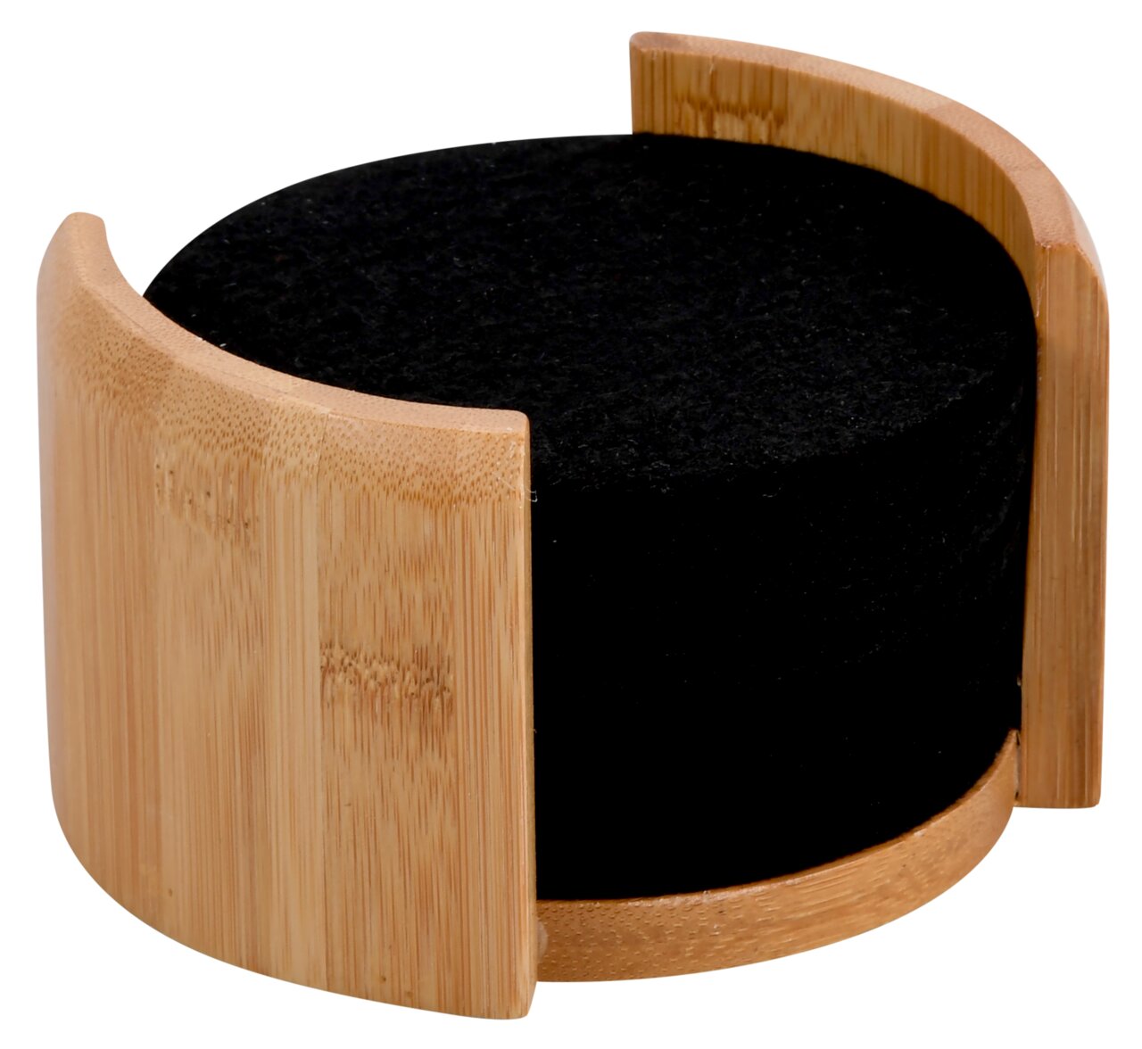 Runde Filzuntersetzer in einem Bambushalter, seitliche Perspektive