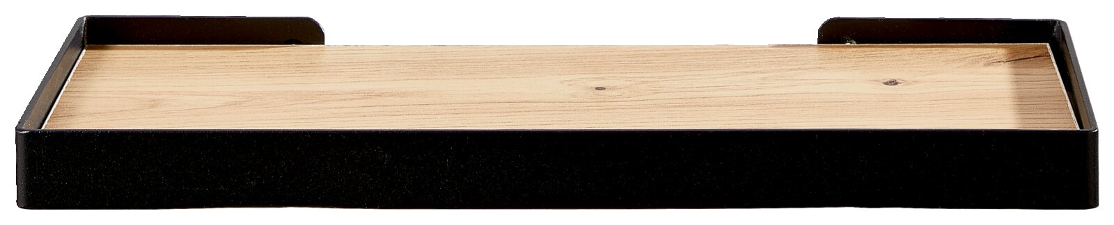 Houten wandplank met zwart metalen frame, gezien vanaf de voorkant