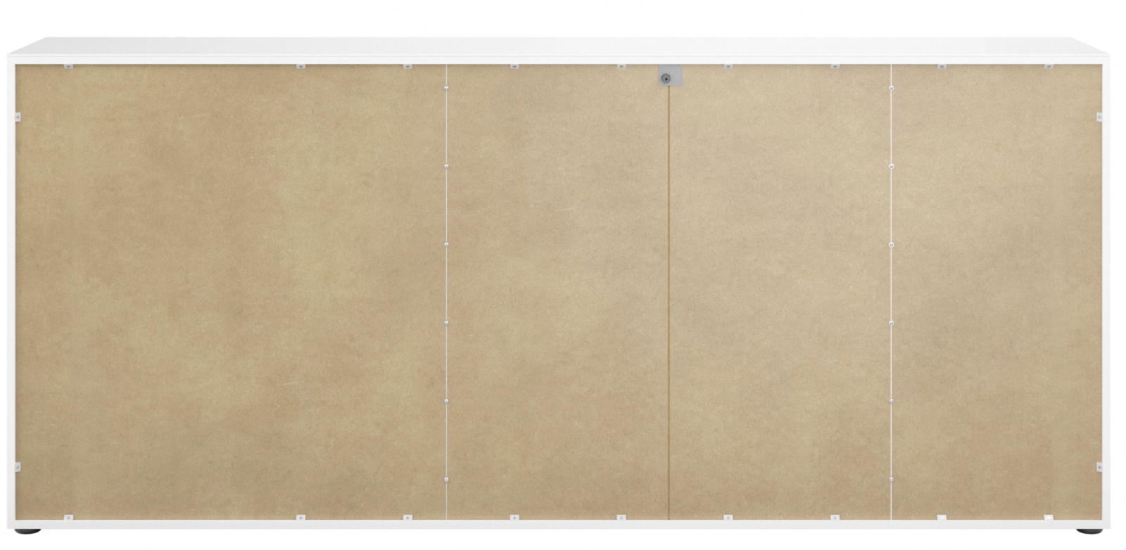 Rückansicht eines XXL-Sideboards mit weißem Rahmen und naturbelassener Rückwand.