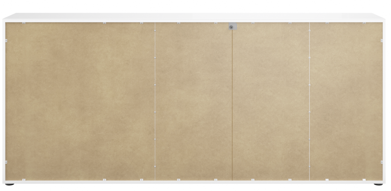 Rückansicht eines XXL-Sideboards mit weißem Rahmen und naturbelassener Rückwand.