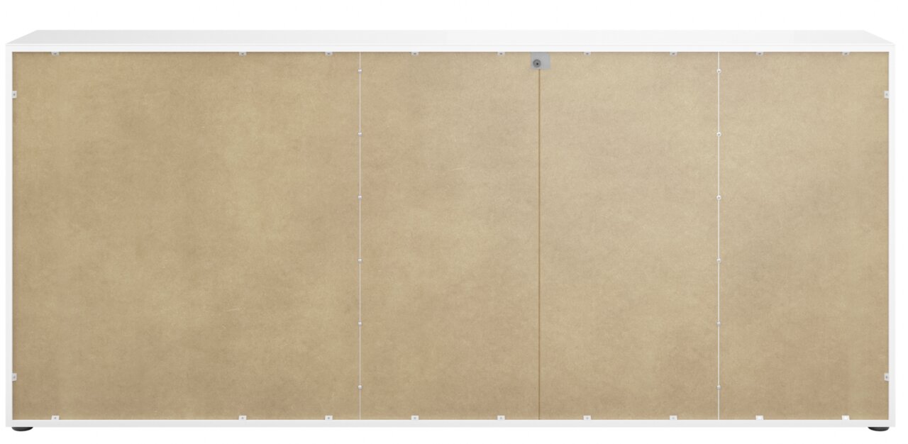 Rückansicht eines XXL-Sideboards mit weißem Rahmen und naturbelassener Rückwand.