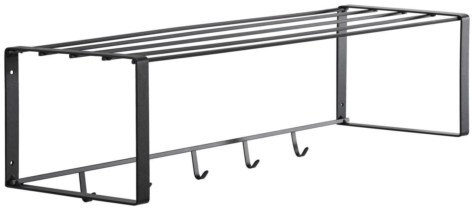 Schwarze Hängegarderobe aus Metall mit vier Haken und Ablagefläche, seitliche Perspektive