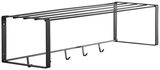 Schwarze Hängegarderobe aus Metall mit vier Haken und Ablagefläche, seitliche Perspektive