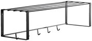 Schwarze Hängegarderobe aus Metall mit vier Haken und Ablagefläche, seitliche Perspektive