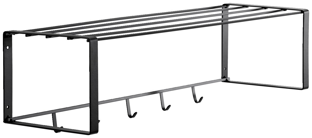 Schwarze Hängegarderobe aus Metall mit vier Haken und Ablagefläche, seitliche Perspektive