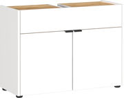 Weißer Waschbeckenunterschrank mit Holzoberfläche, Frontansicht