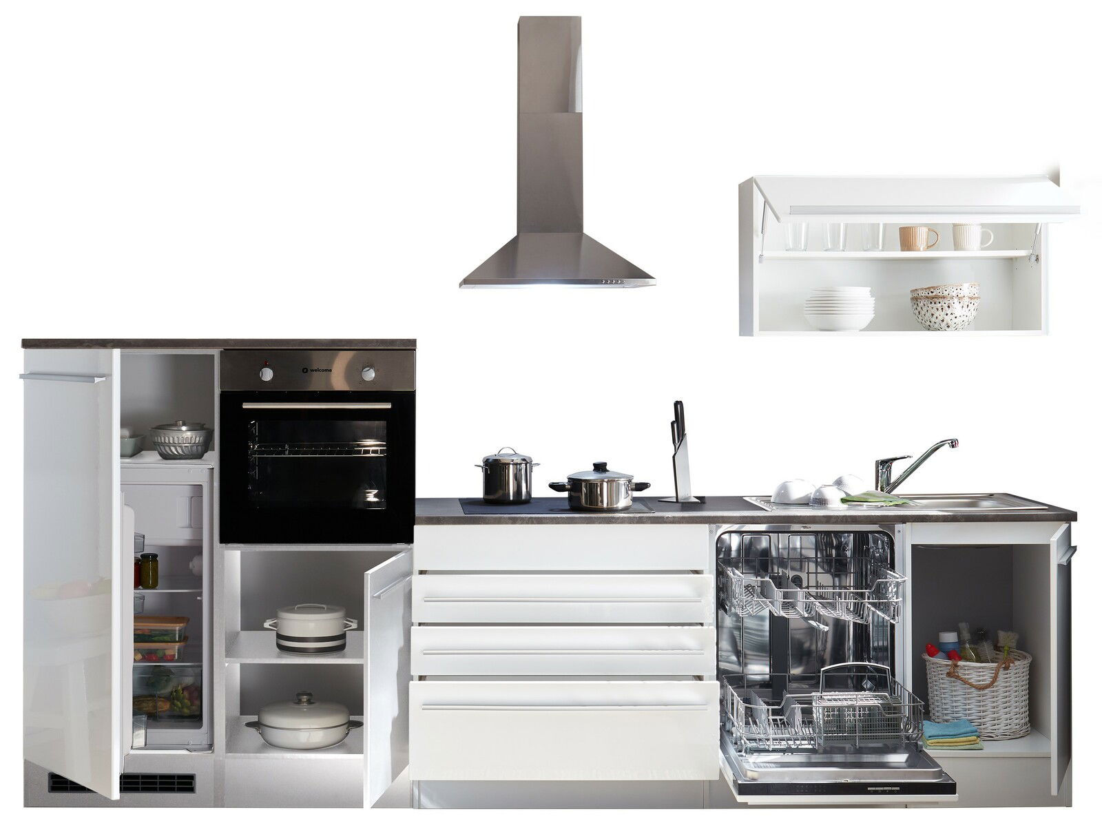 Küchenblock ohne Elektrogeräte, bestehend aus einem Kühlschrank, einem Backofen, einem Geschirrspüler, einer Dunstabzugshaube und einem Hängeschrank. Die Perspektive zeigt die Frontansicht der Küche mit geöffneten Türen und Schubladen.