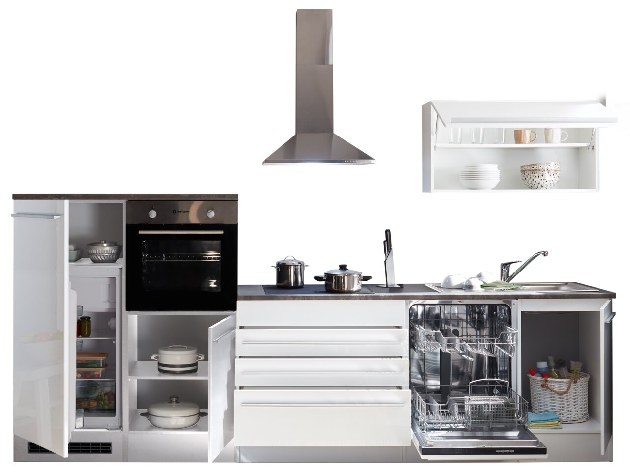 Küchenblock ohne Elektrogeräte, bestehend aus einem Kühlschrank, einem Backofen, einem Geschirrspüler, einer Dunstabzugshaube und einem Hängeschrank. Die Perspektive zeigt die Frontansicht der Küche mit geöffneten Türen und Schubladen.