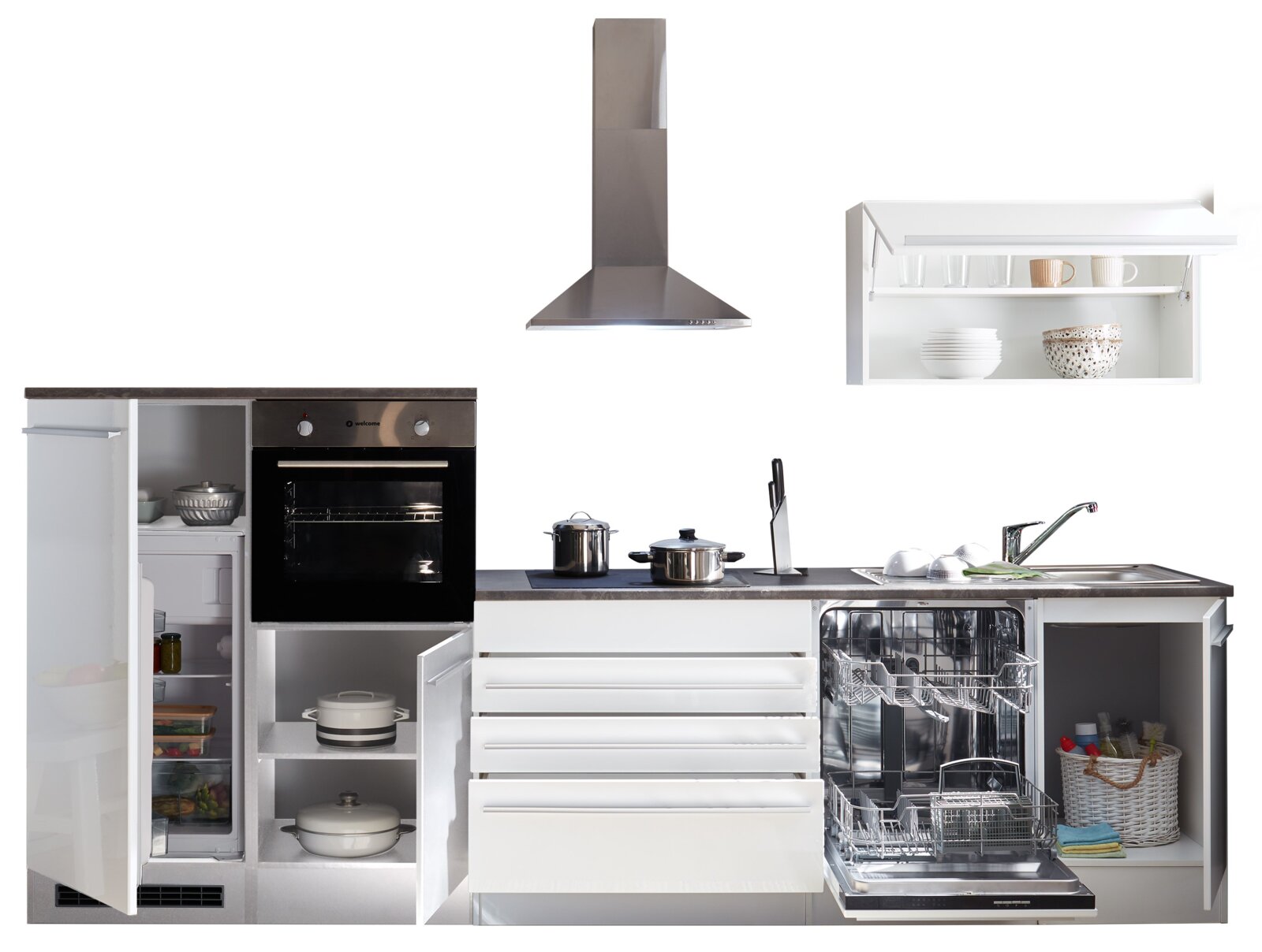 Küchenblock ohne Elektrogeräte, bestehend aus einem Kühlschrank, einem Backofen, einem Geschirrspüler, einer Dunstabzugshaube und einem Hängeschrank. Die Perspektive zeigt die Frontansicht der Küche mit geöffneten Türen und Schubladen.