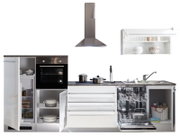 Küchenblock ohne Elektrogeräte, bestehend aus einem Kühlschrank, einem Backofen, einem Geschirrspüler, einer Dunstabzugshaube und einem Hängeschrank. Die Perspektive zeigt die Frontansicht der Küche mit geöffneten Türen und Schubladen.