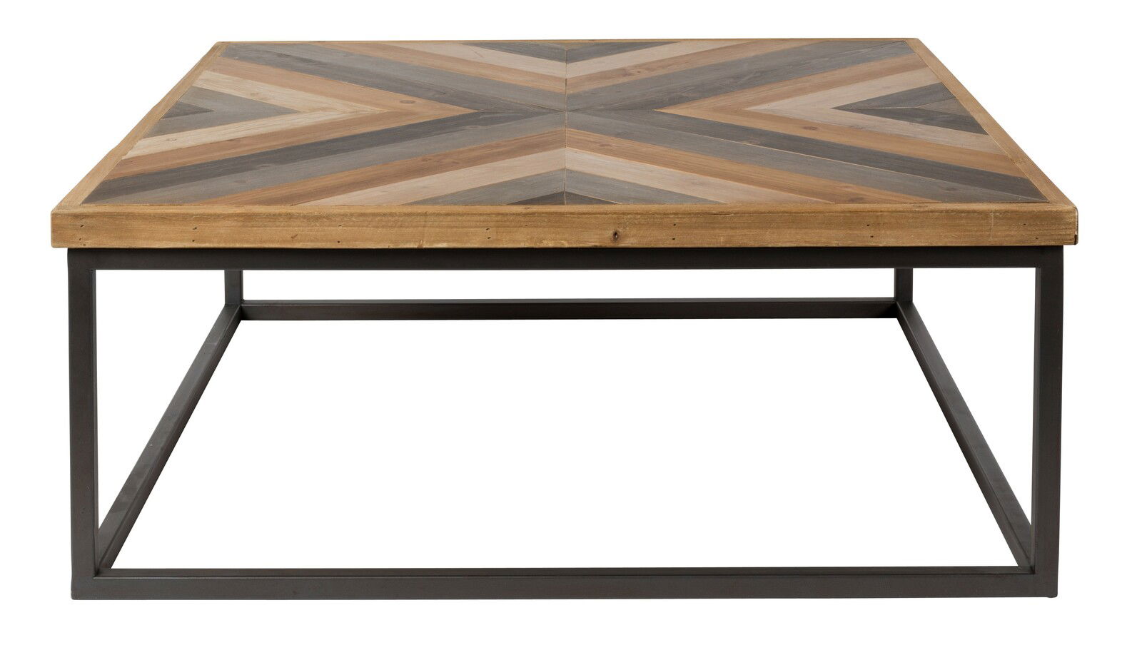 Moderner Couchtisch mit geometrischem Muster auf der Tischplatte, aus Holz und Metall, frontal betrachtet.