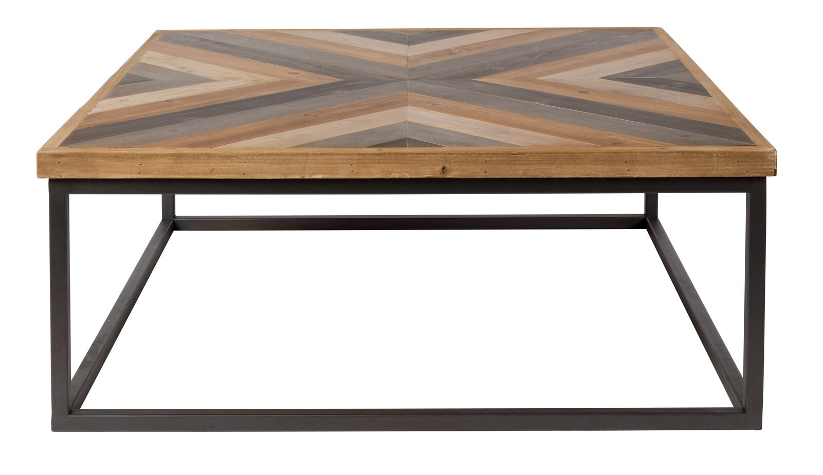 Moderner Couchtisch mit geometrischem Muster auf der Tischplatte, aus Holz und Metall, frontal betrachtet.