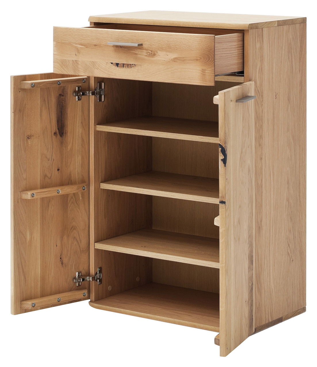 Schuhschrank aus Holz mit geöffneter Tür und Schublade, frontale Perspektive