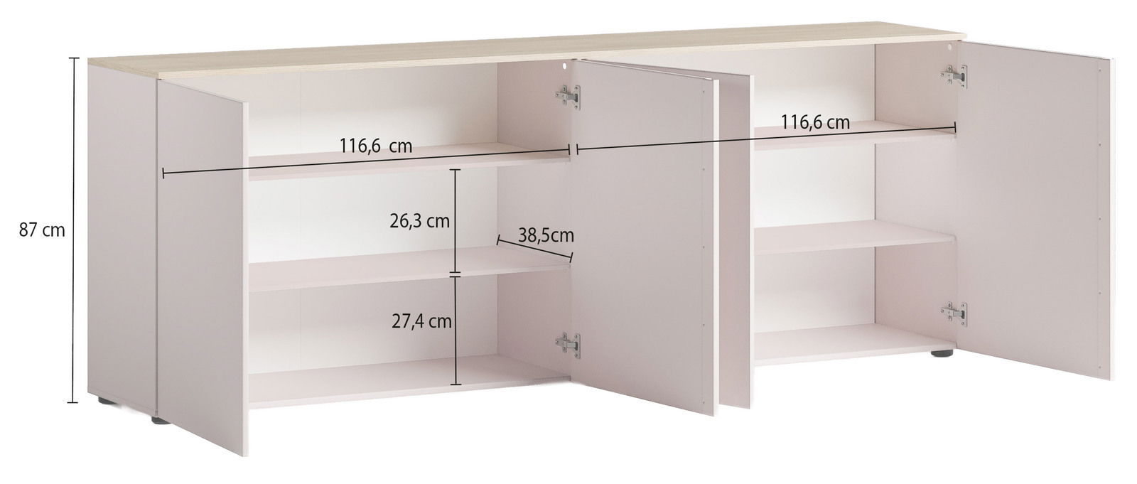 XL-Sideboard mit zwei offenen Türen, zeigt Innenfächer und Maße, Perspektive von vorne.