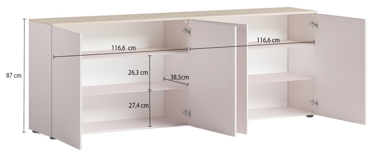 XL-dressoir met twee open deuren, met afbeelding van de binnenvakken en afmetingen, vooraanzicht.