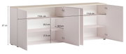 XL-dressoir met twee open deuren, met afbeelding van de binnenvakken en afmetingen, vooraanzicht.