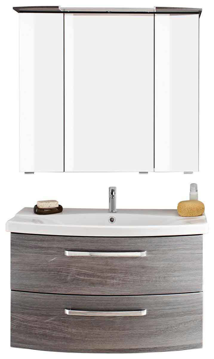 Frontale Ansicht einer modernen Badkombination mit Spiegelschrank und Waschbeckenunterschrank in Holzoptik.