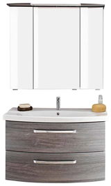 Frontale Ansicht einer modernen Badkombination mit Spiegelschrank und Waschbeckenunterschrank in Holzoptik.