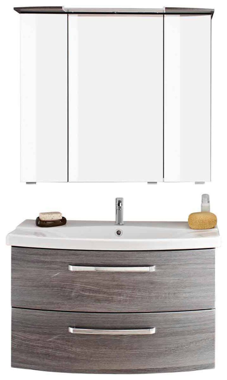 Frontale Ansicht einer modernen Badkombination mit Spiegelschrank und Waschbeckenunterschrank in Holzoptik.