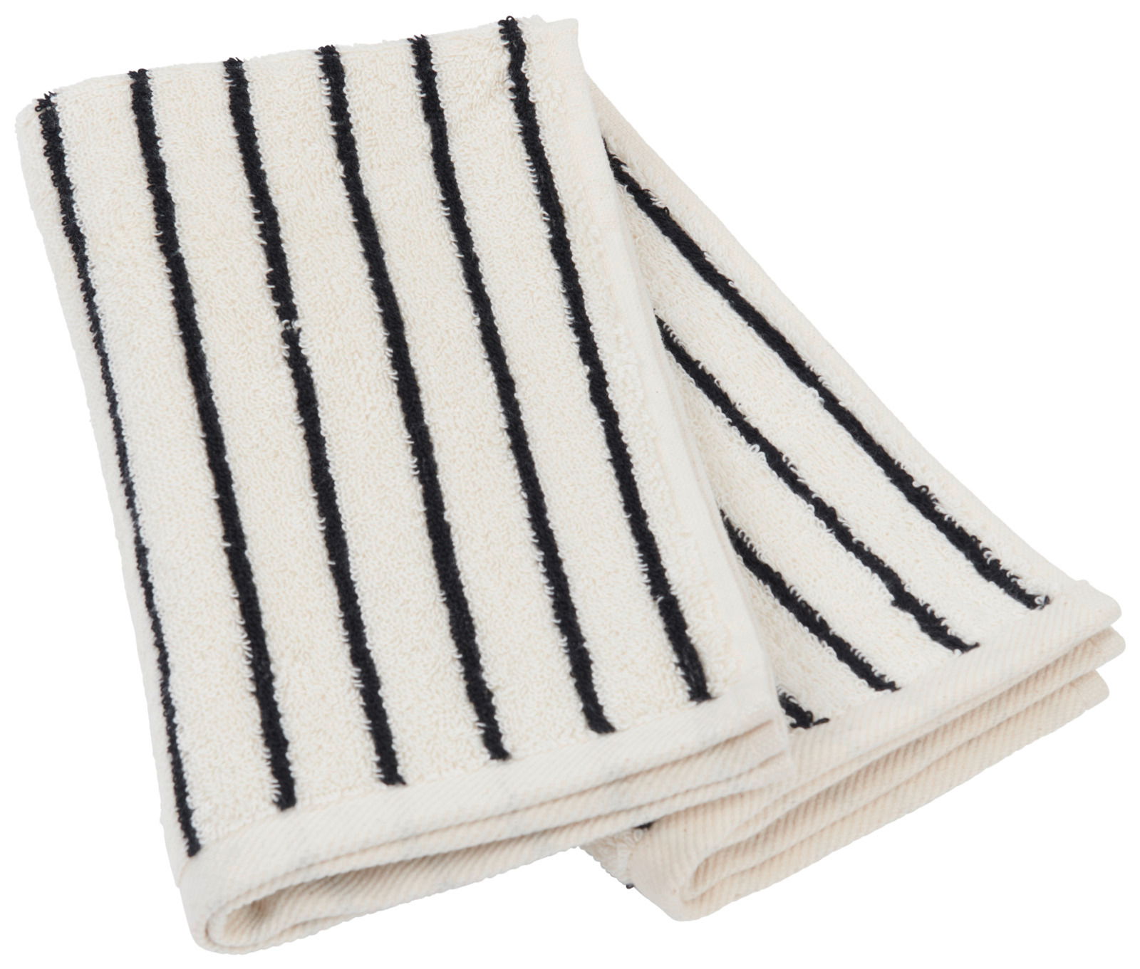 Gästetuchset mit schwarzen Streifen auf weißem Hintergrund, aus schräger Perspektive fotografiert