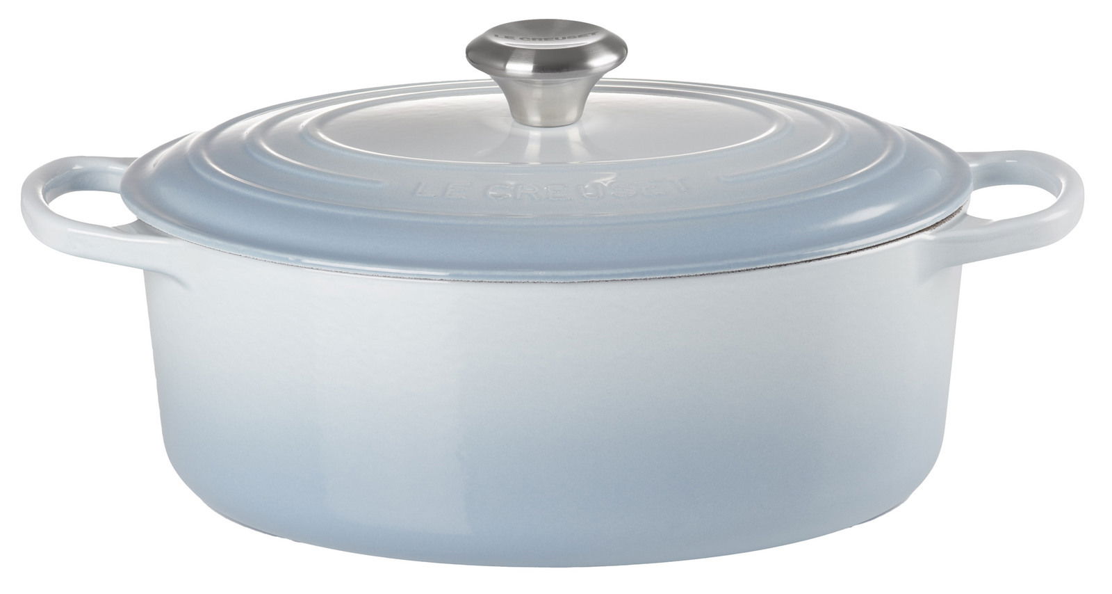 Runder Bräter in Meerblau mit Deckel und zwei Griffen, seitliche Perspektive