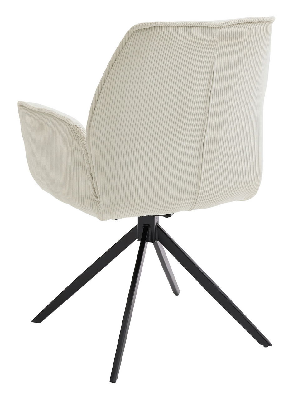 Rückansicht eines Armlehnstuhls mit hellem Stoffbezug und schwarzen Metallbeinen.