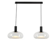 Moderne Hängeleuchte mit zwei klaren Glaskugeln, schwarze Aufhängung, Frontalansicht