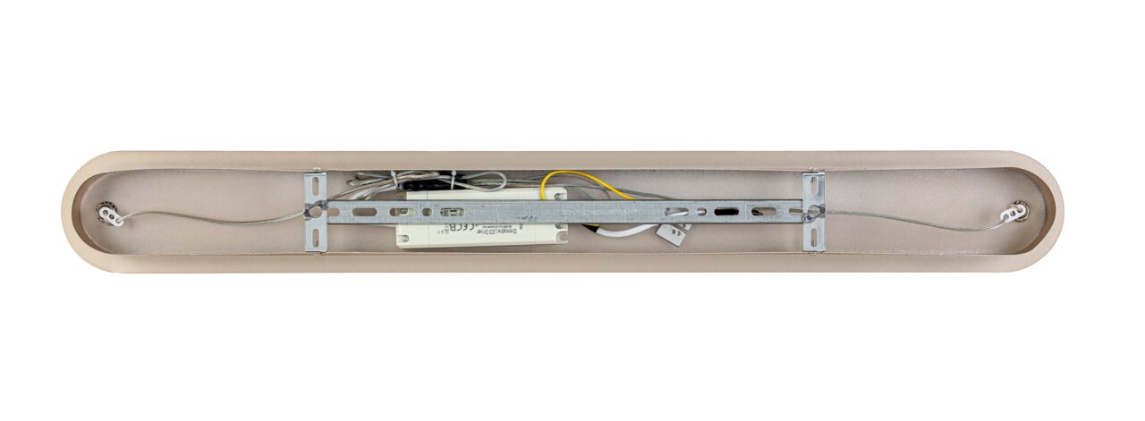 Aanzicht van onderaf op een LED-hanglamp met zichtbare bedrading en bevestiging.